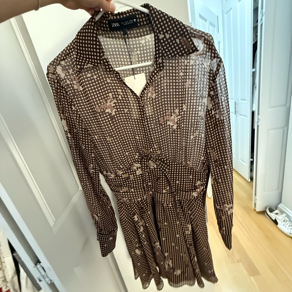 Zara Checkered Brown Floral Long Sleeve Dress